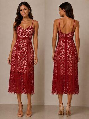 Red Lace Midi Dress with Spaghetti Straps